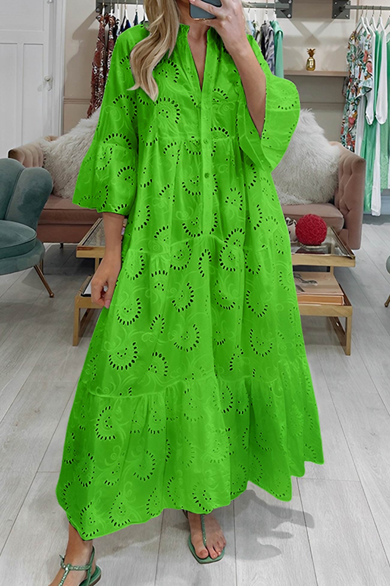 Robe longue femme coton brodé col V manches évasées fluide été bohème