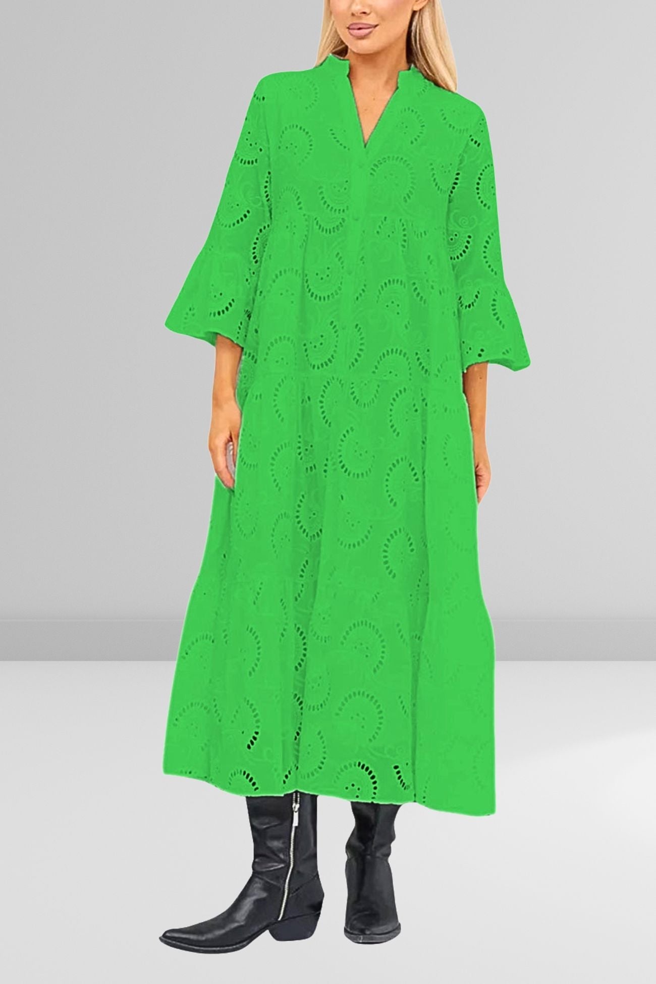 Robe longue femme coton brodé col V manches évasées fluide été bohème