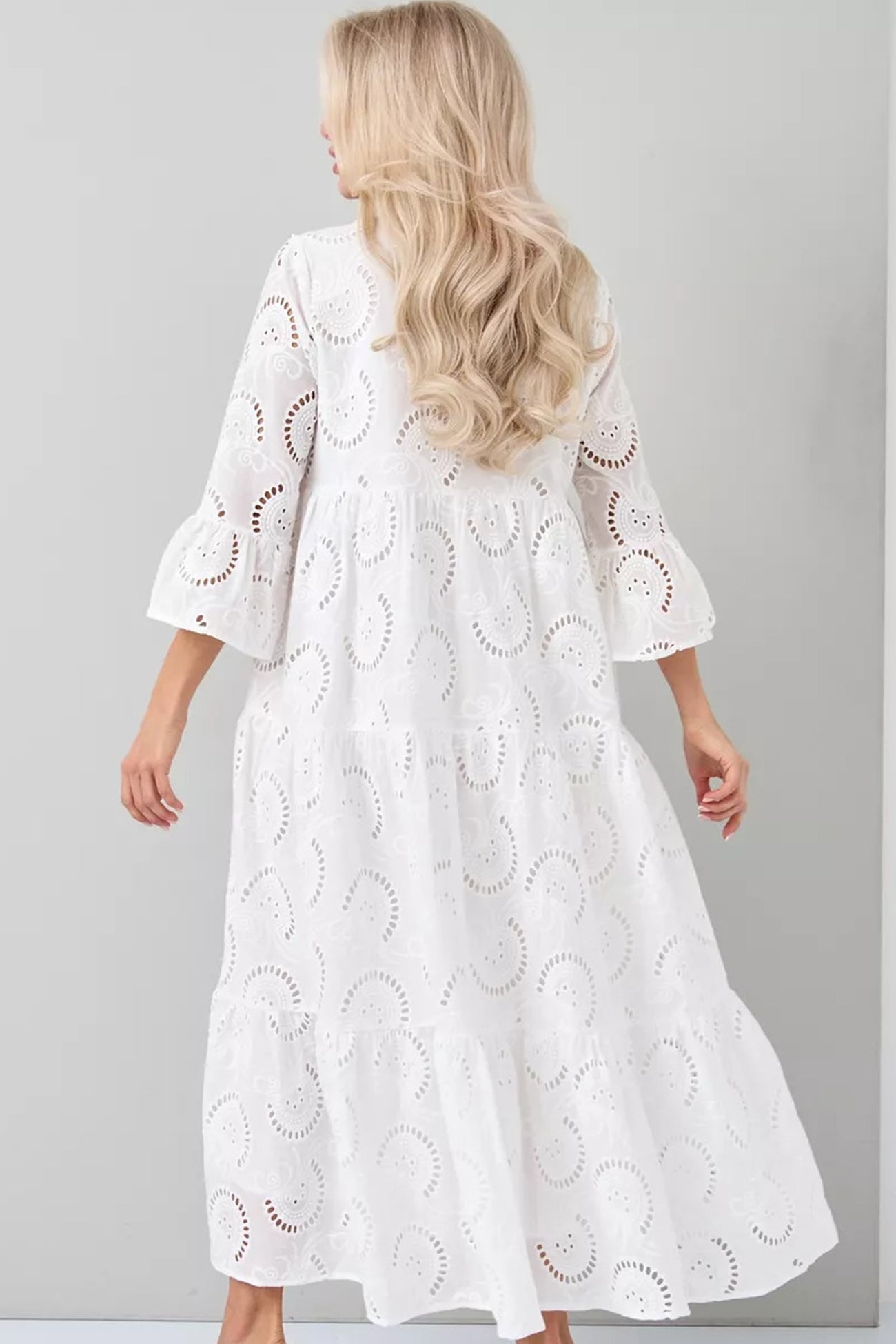 Robe longue femme coton brodé col V manches évasées fluide été bohème