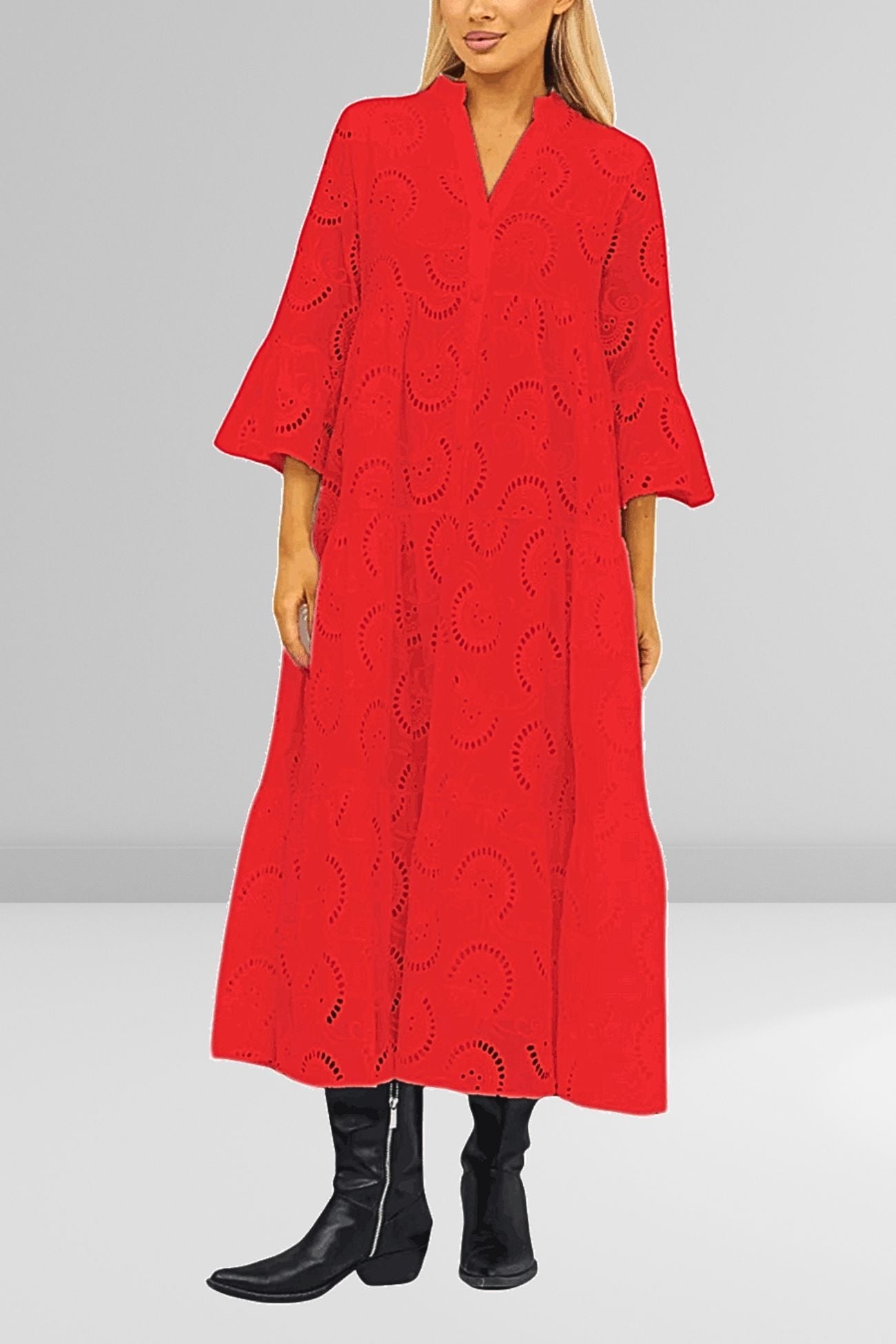 Robe longue femme coton brodé col V manches évasées fluide été bohème