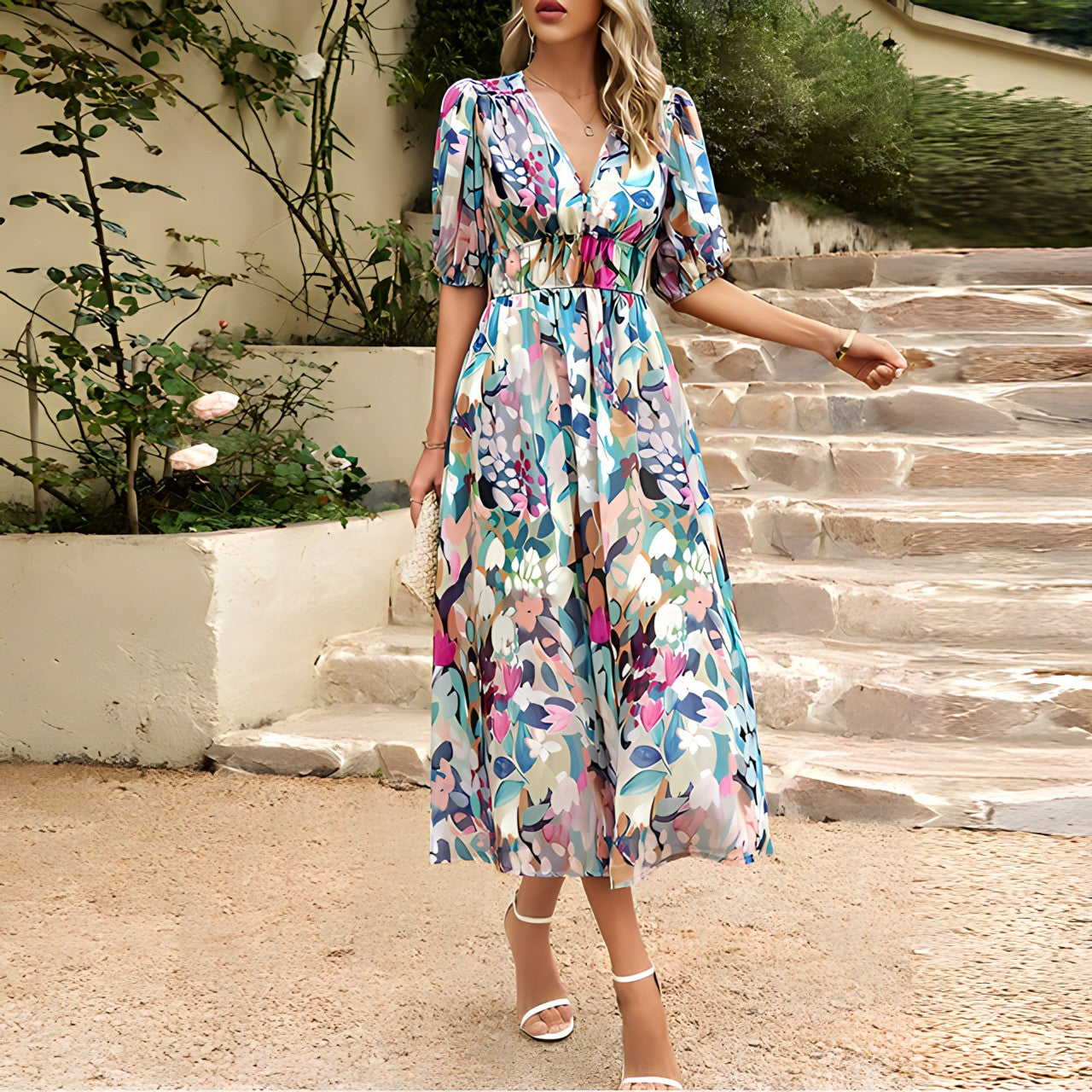 Robe Midi Femme Élégante Imprimée Col V Taille Empire pour Style Chic Été