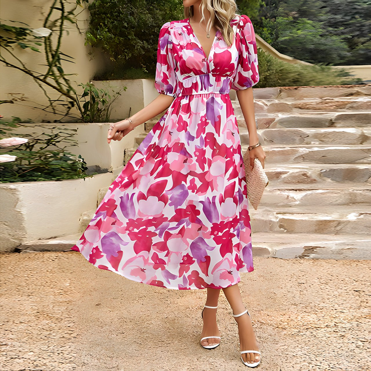Robe Midi Femme Élégante Imprimée Col V Taille Empire pour Style Chic Été