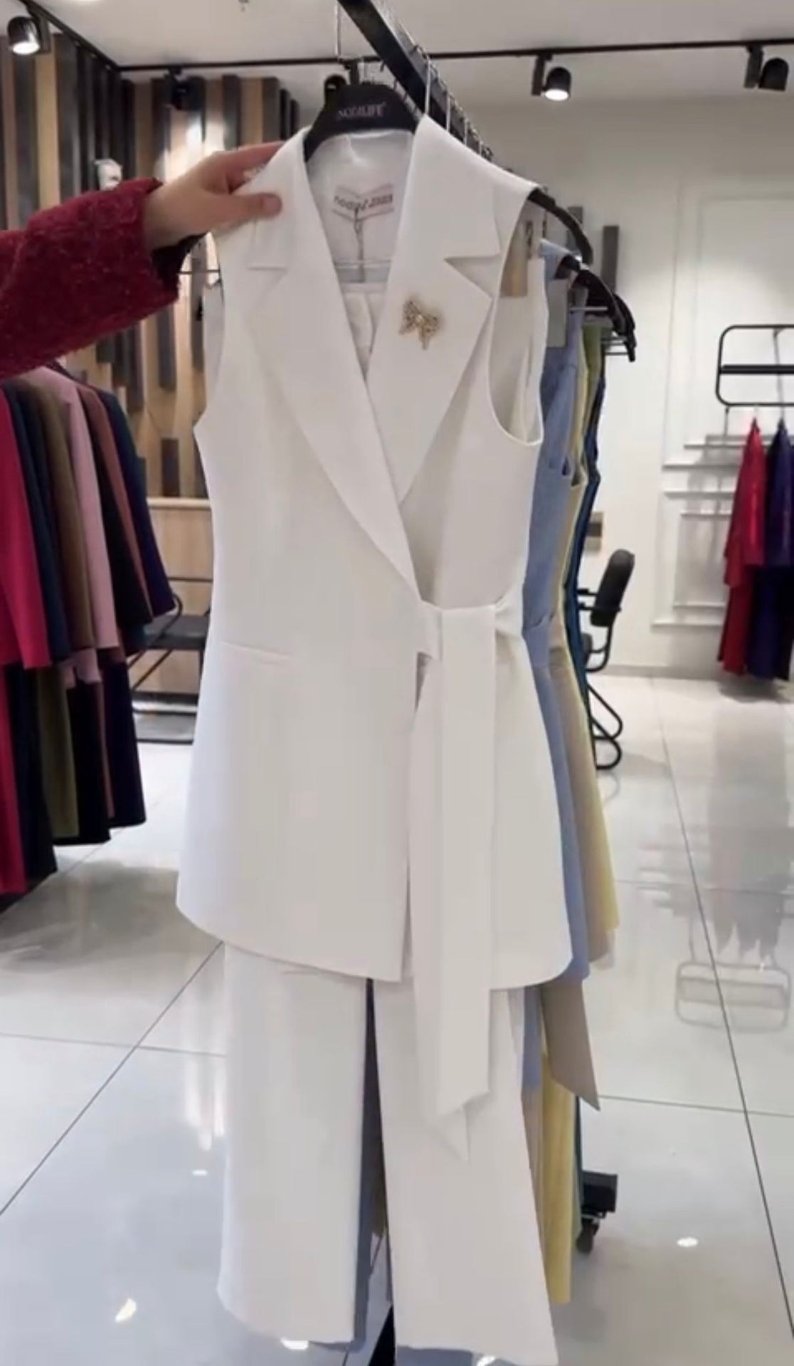 Ensemble Femme Élégant Deux Pièces Blazer Sans Manches et Pantalon Large
