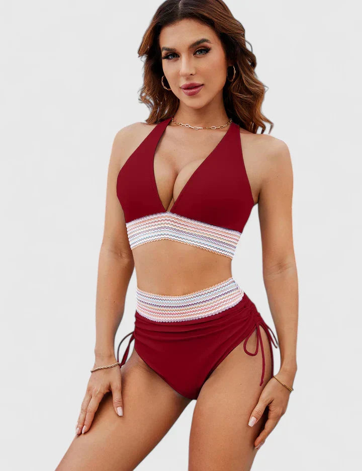 Bikini Deux Pièces Femme Halter Col V Bande Crochet Liens Latéraux