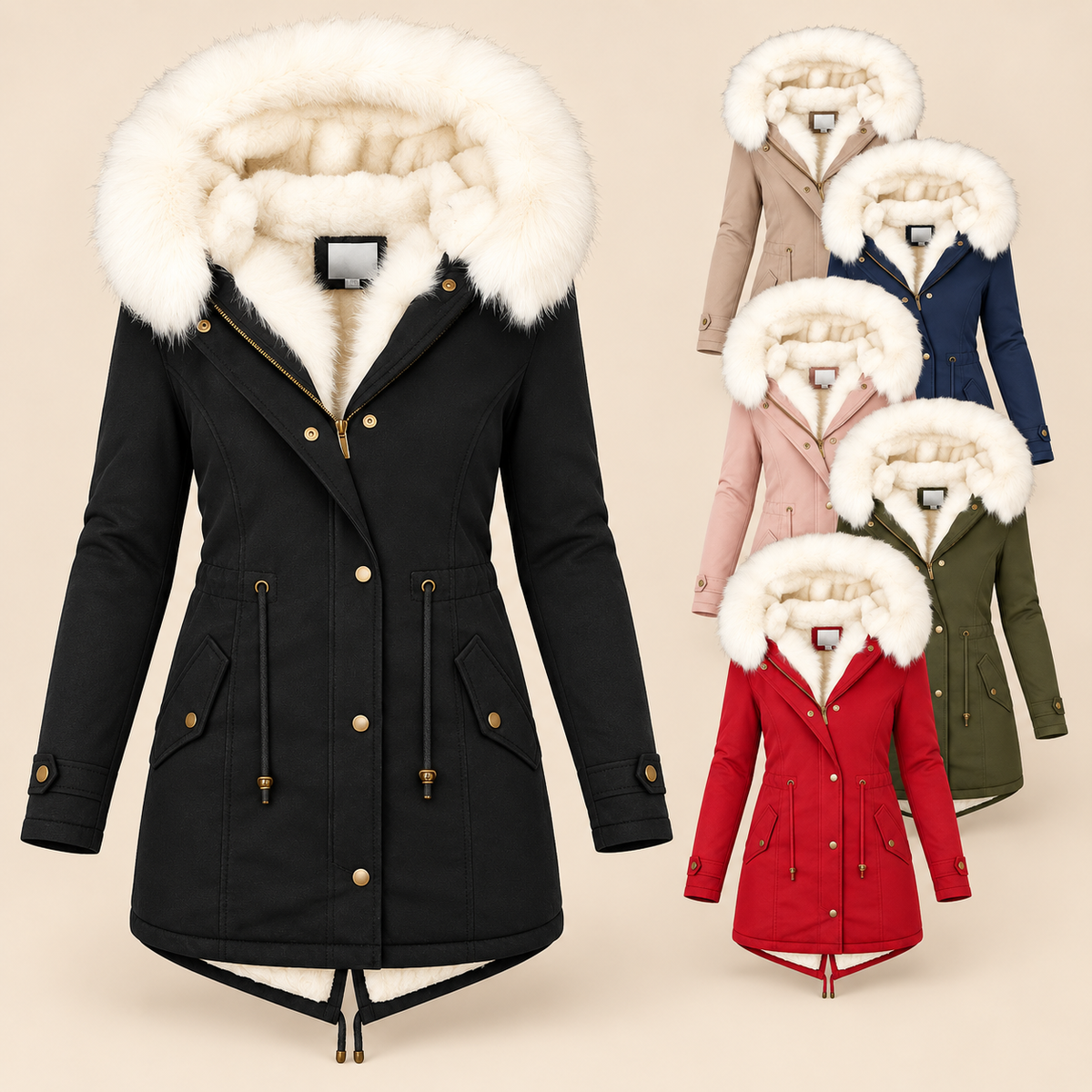 Parka longue femme à capuche fourrée et taille ajustable