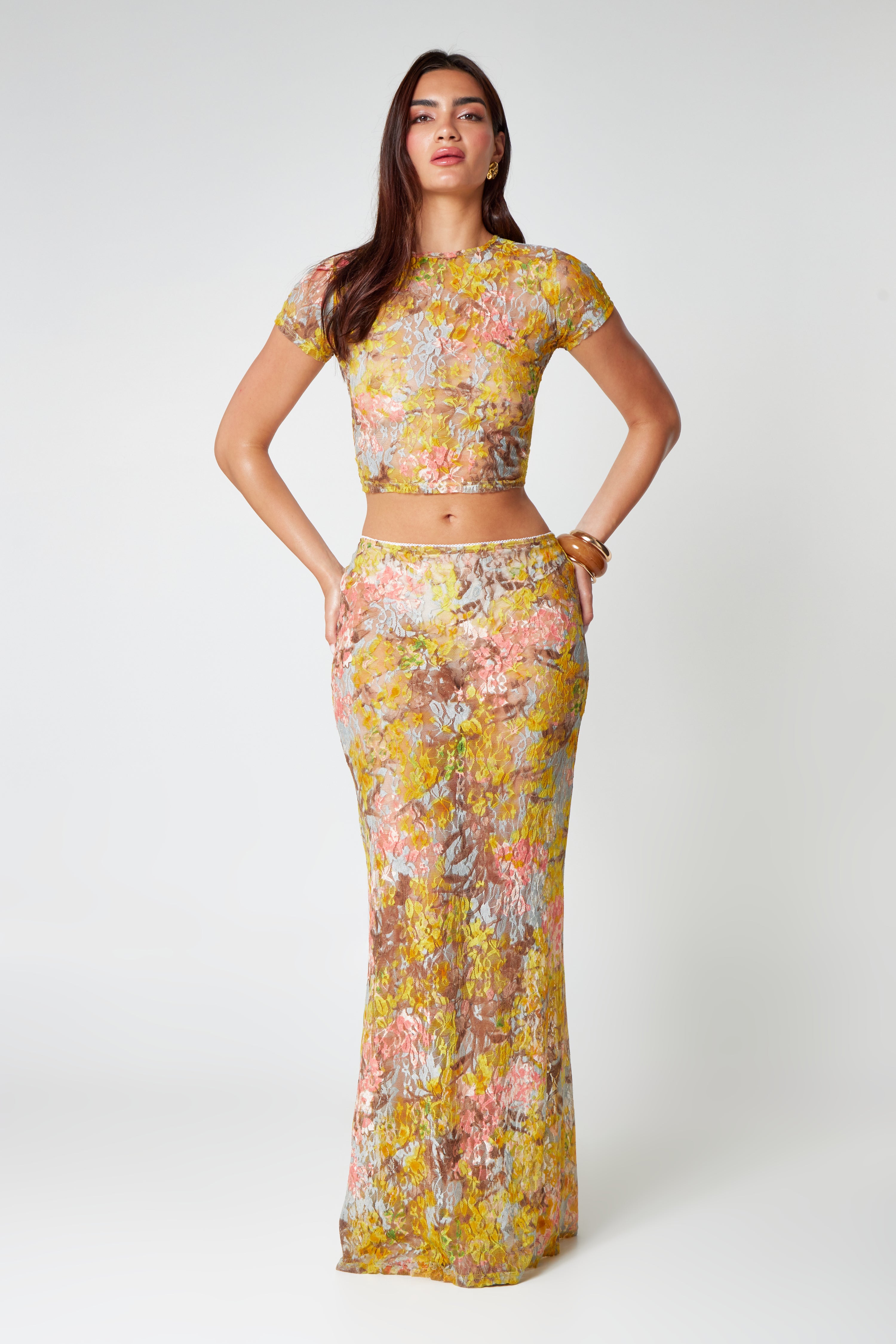 Ensemble Femme Deux Pièces Haut Court Et Jupe Longue Imprimé Floral