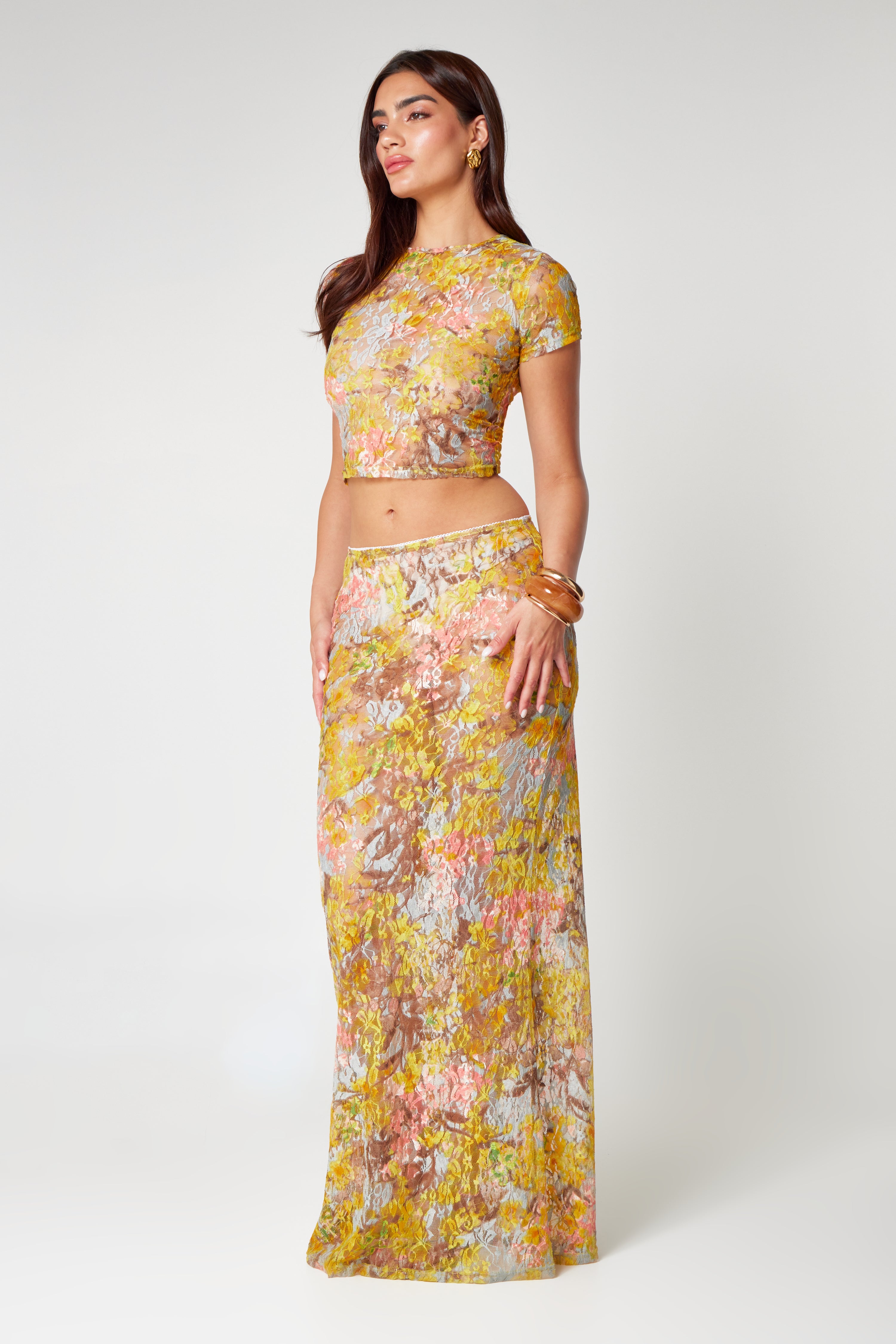 Ensemble Femme Deux Pièces Haut Court Et Jupe Longue Imprimé Floral