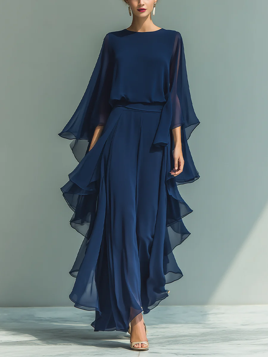 Ensemble Femme Chiffon Fluide Manches Évasées Volants Coupe Élégante