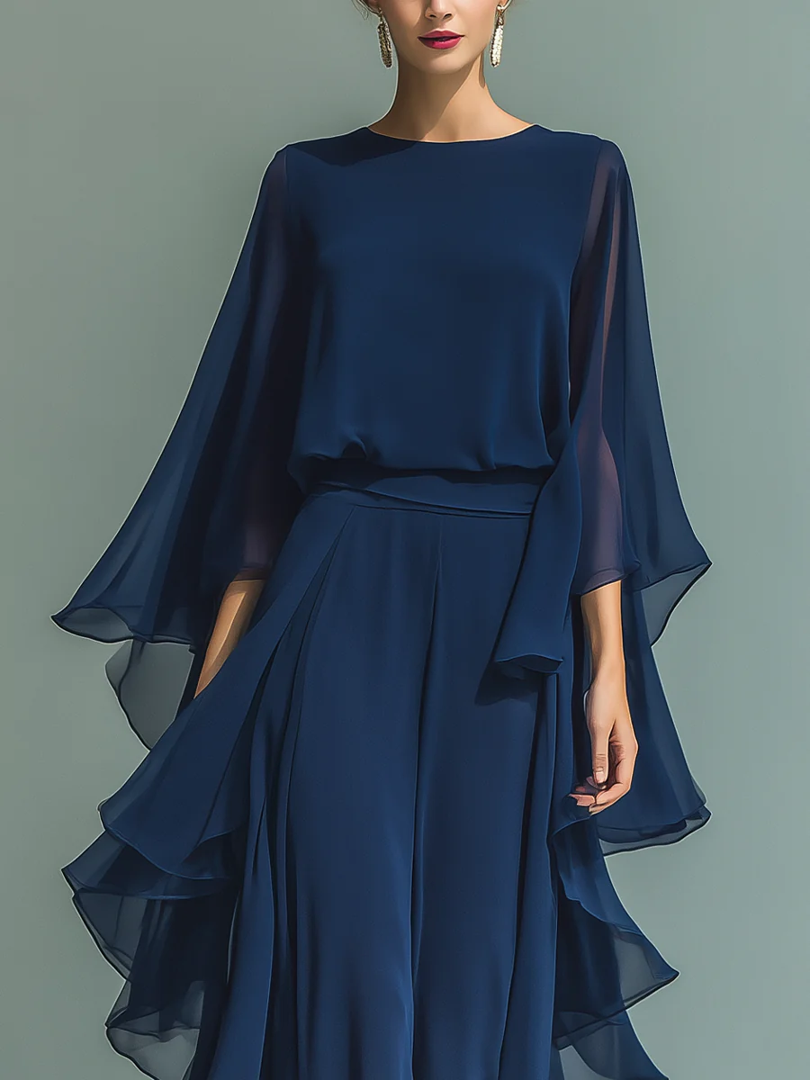 Ensemble Femme Chiffon Fluide Manches Évasées Volants Coupe Élégante