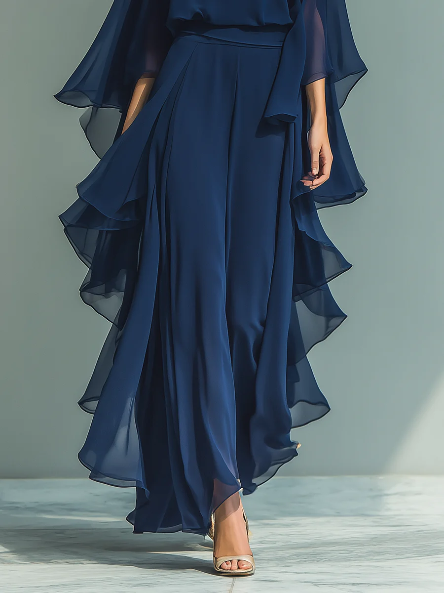 Ensemble Femme Chiffon Fluide Manches Évasées Volants Coupe Élégante