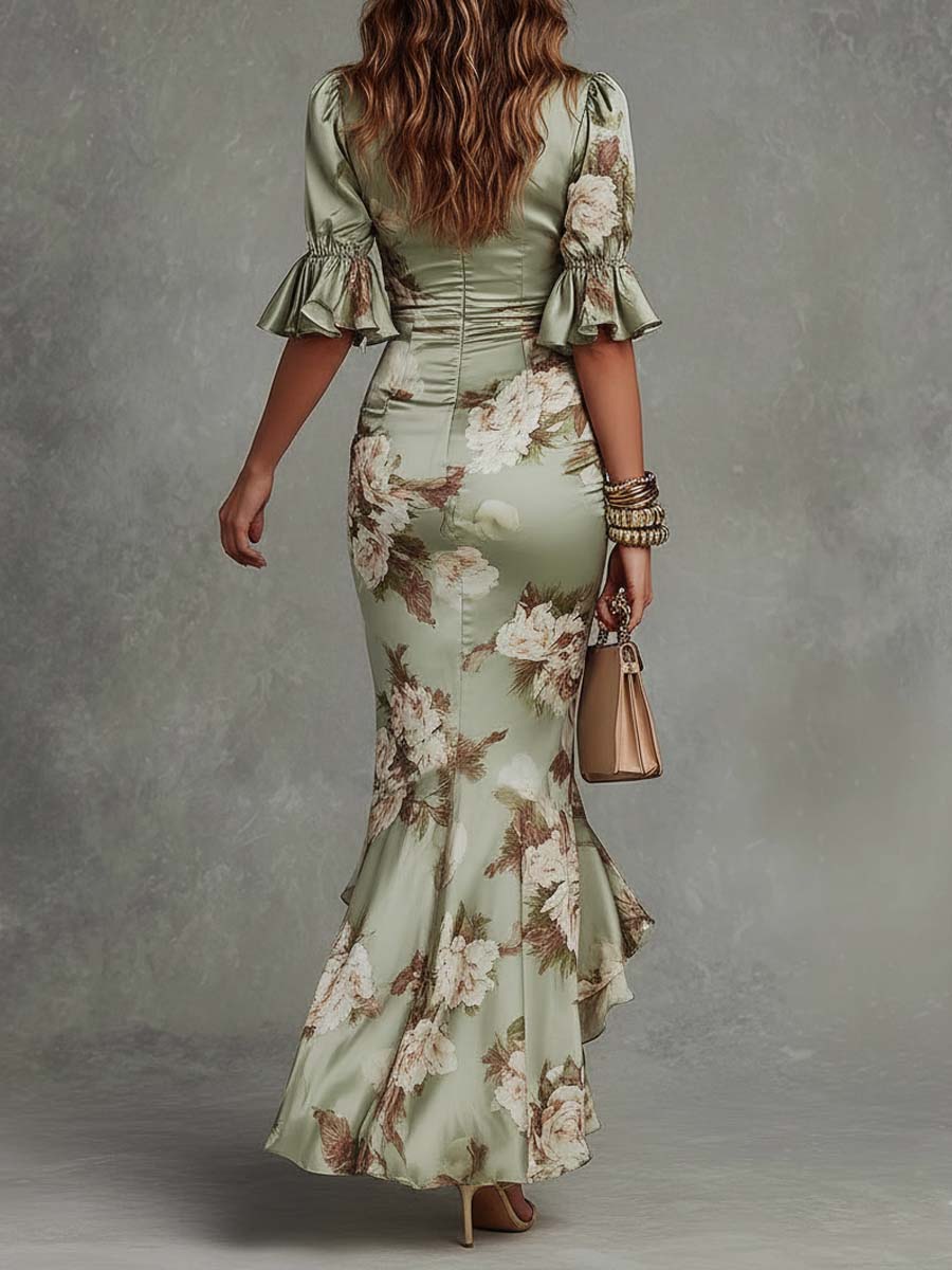 Robe longue femme en satin à imprimé floral et col V