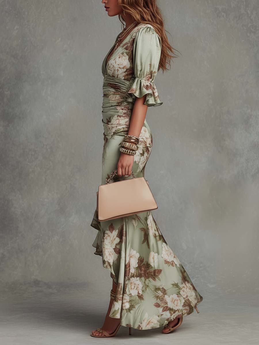 Robe longue femme en satin à imprimé floral et col V