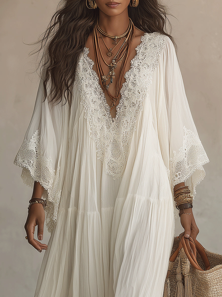 Robe maxi femme bohème fluide avec dentelle raffinée