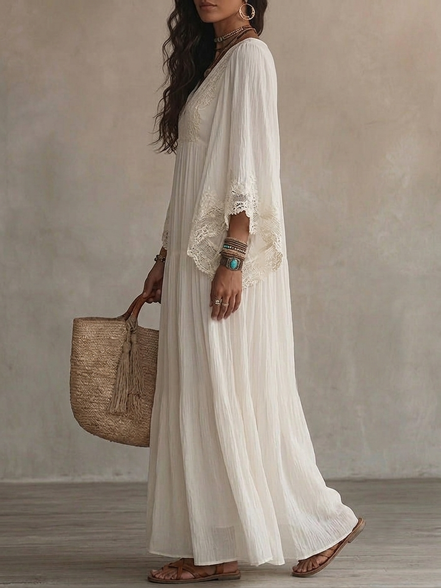 Robe maxi femme bohème fluide avec dentelle raffinée