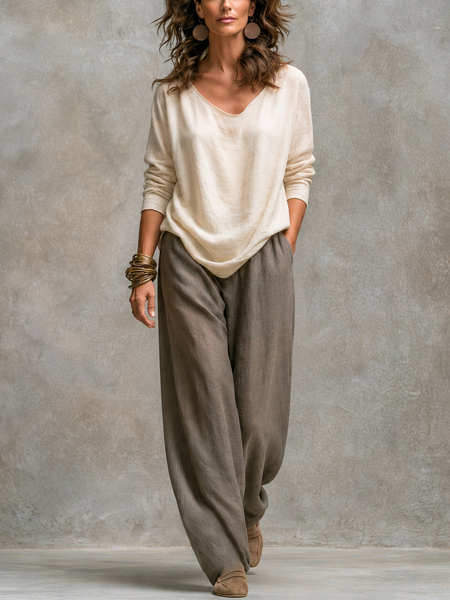 Ensemble femme trois pièces effet lin avec pantalon large