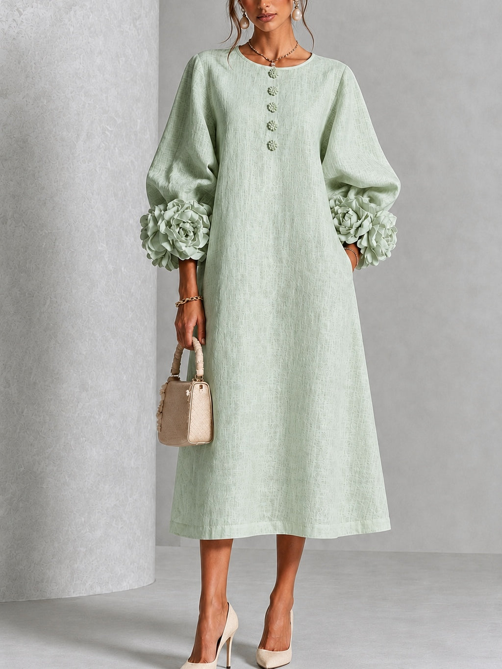 Robe midi femme à manches florales en relief