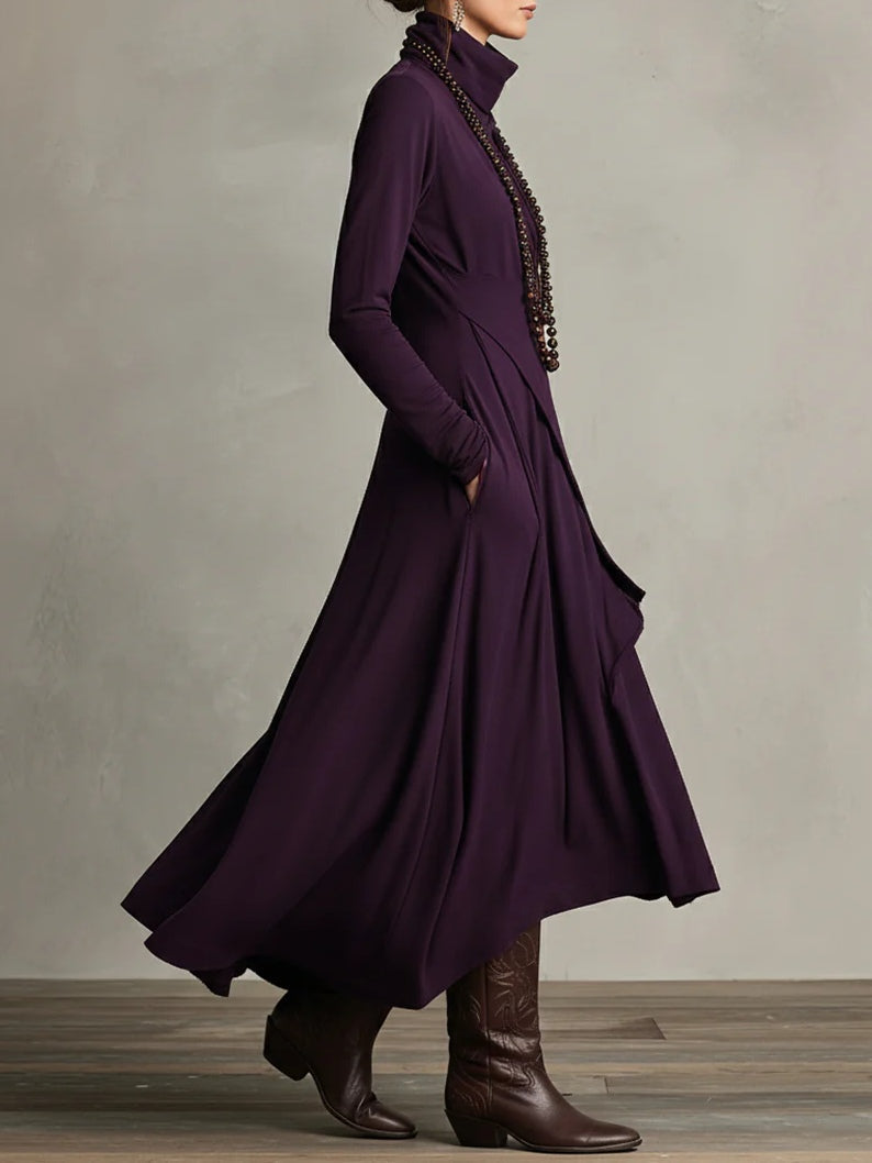 Robe longue femme drapée à col roulé asymétrique