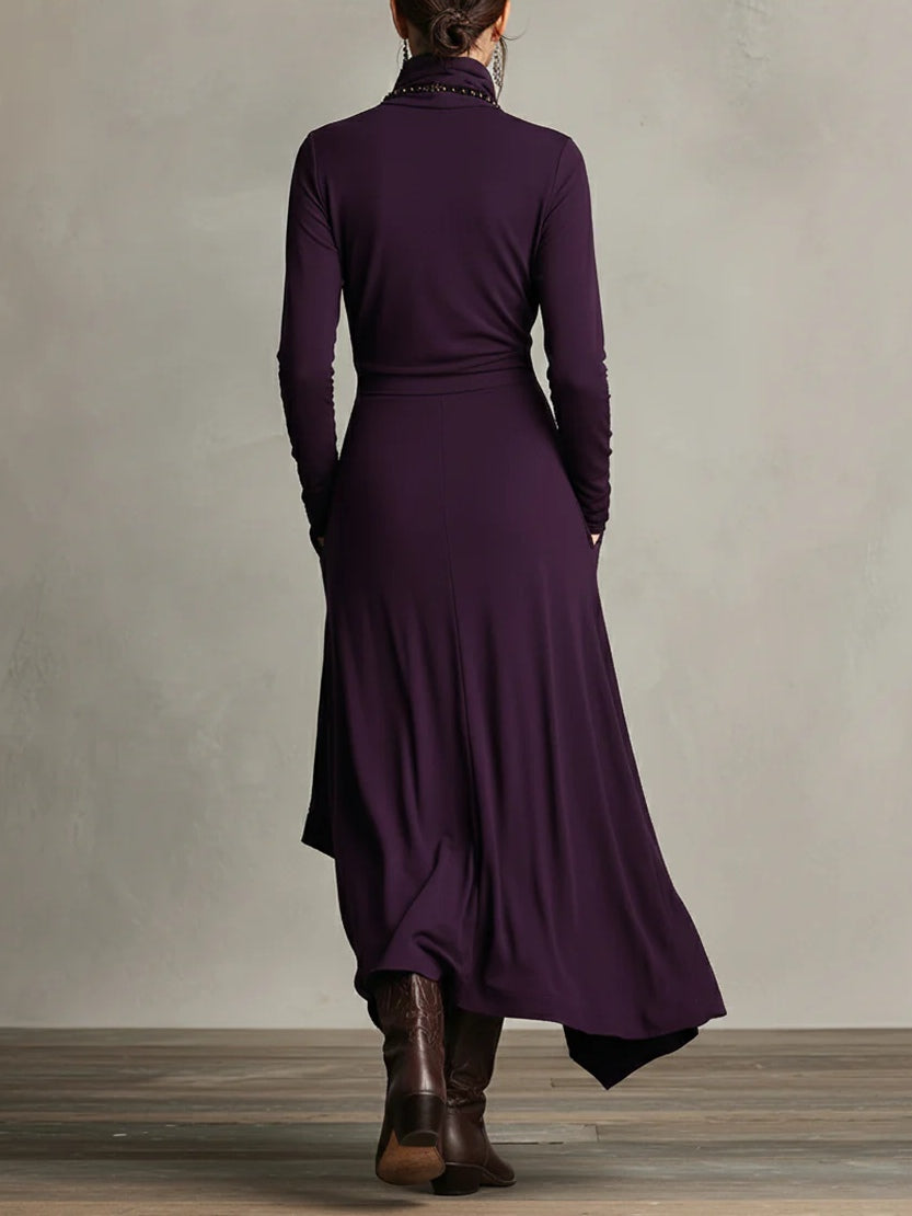 Robe longue femme drapée à col roulé asymétrique