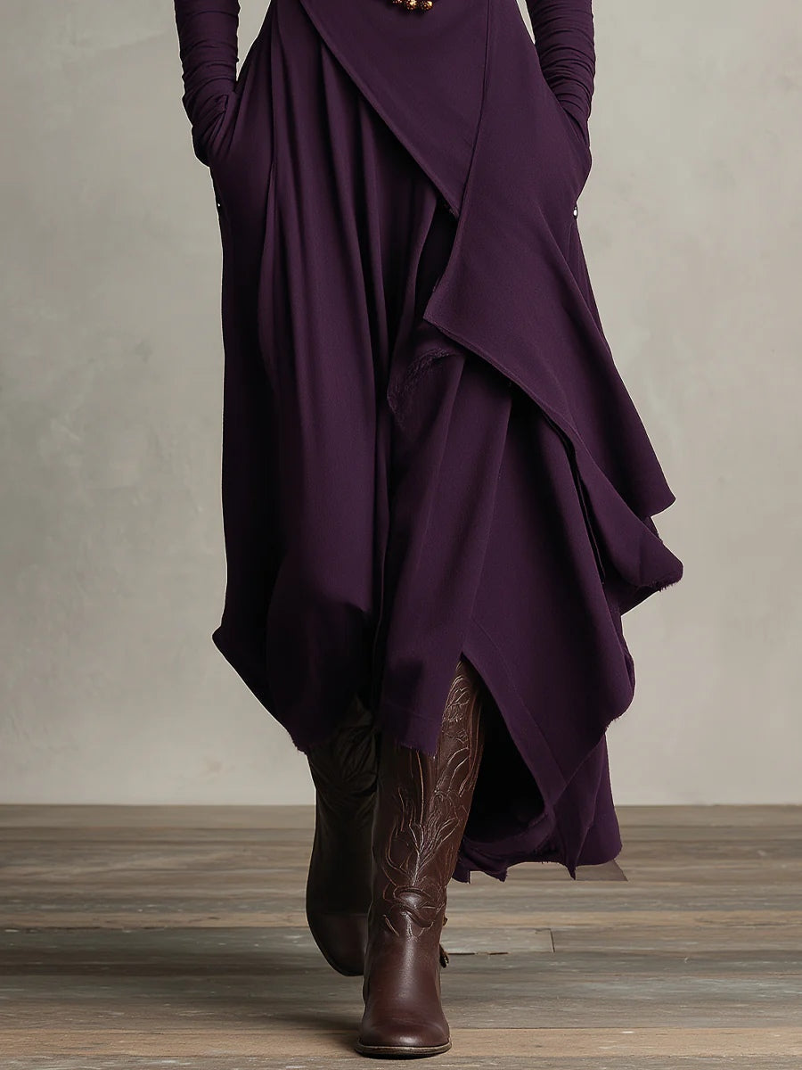 Robe longue femme drapée à col roulé asymétrique