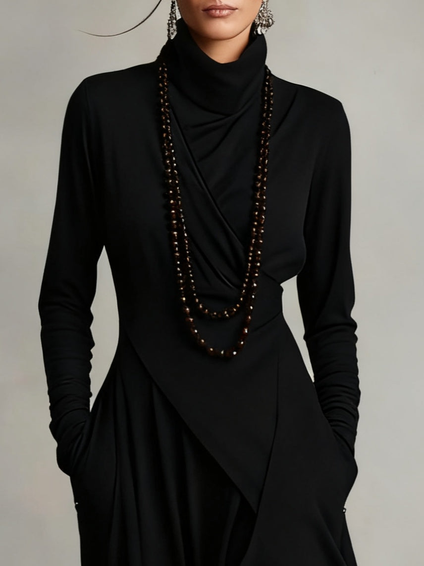 Robe longue femme drapée à col roulé asymétrique