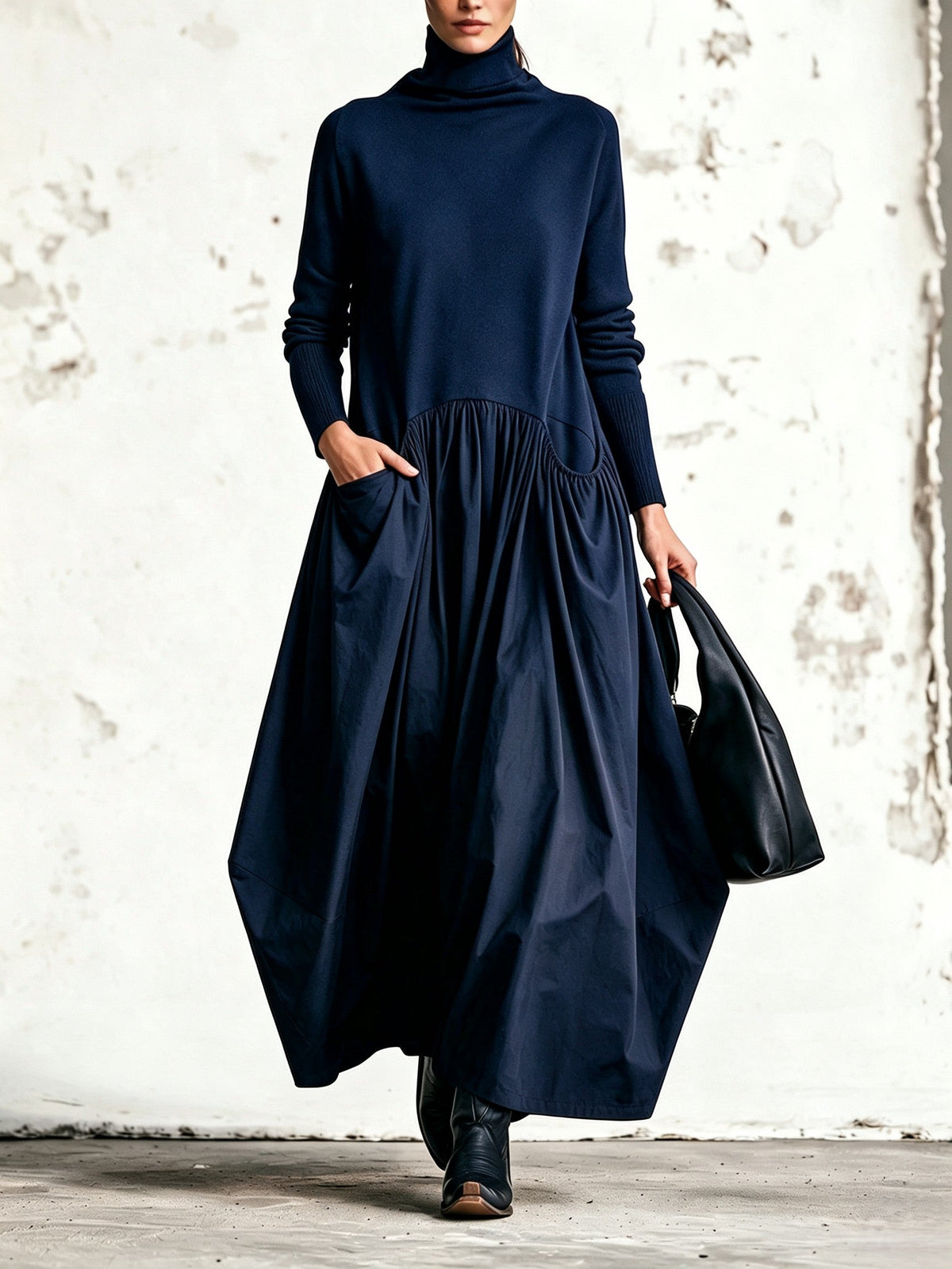 Robe longue femme oversize à col haut et poches
