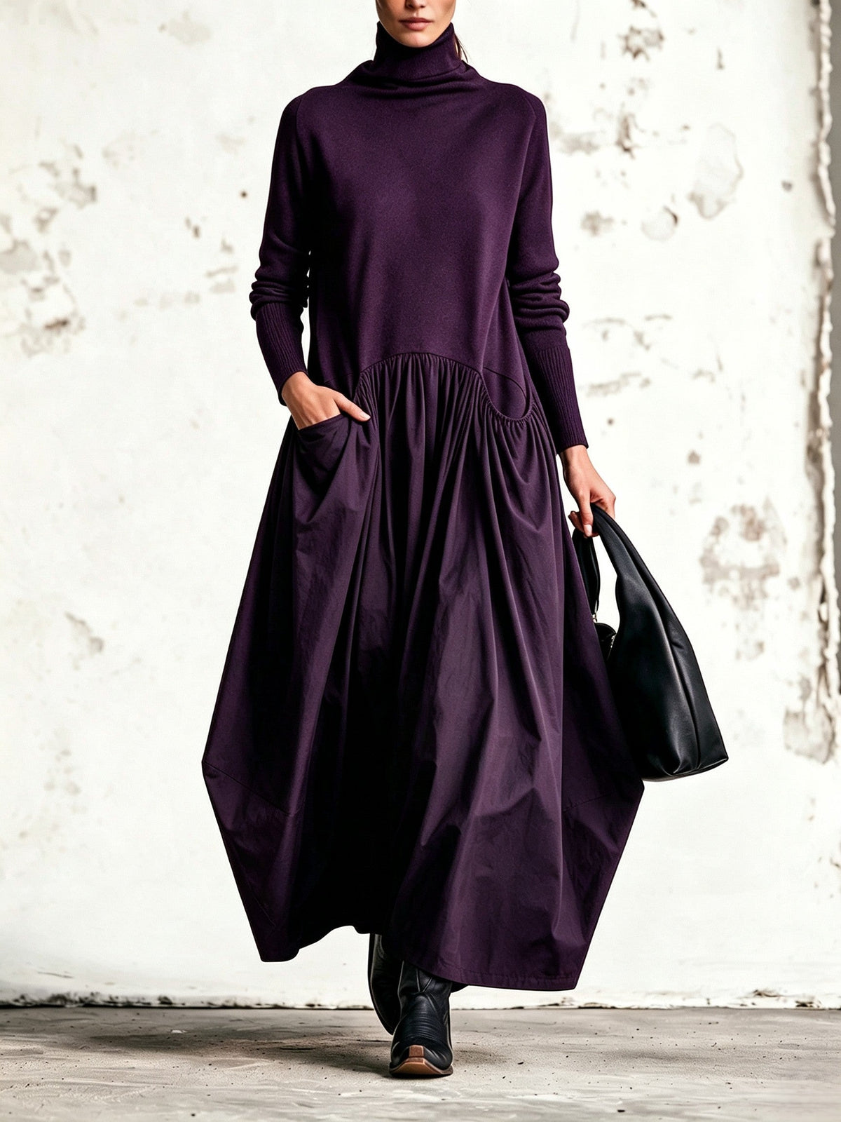 Robe longue femme oversize à col haut et poches