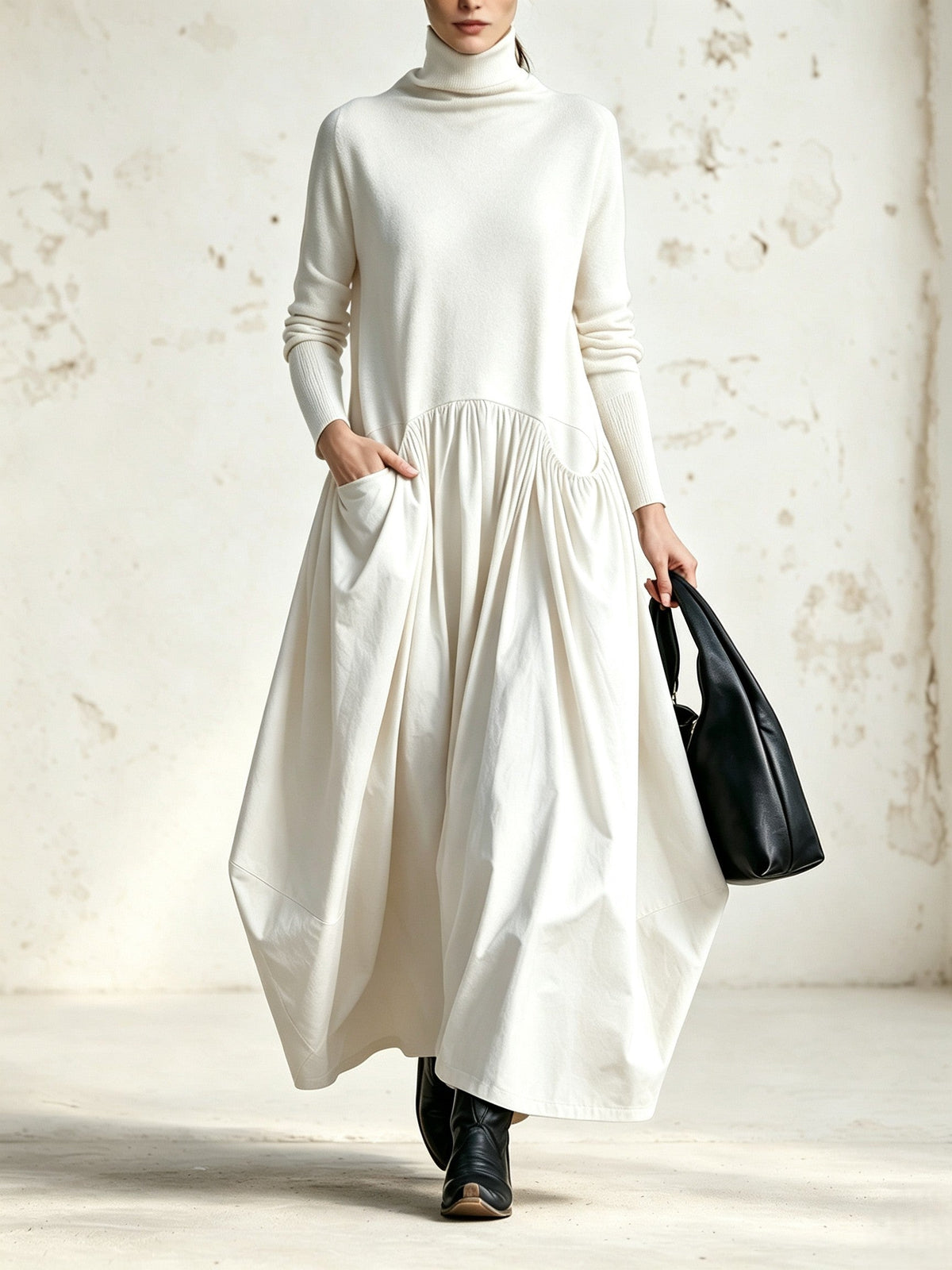 Robe longue femme oversize à col haut et poches