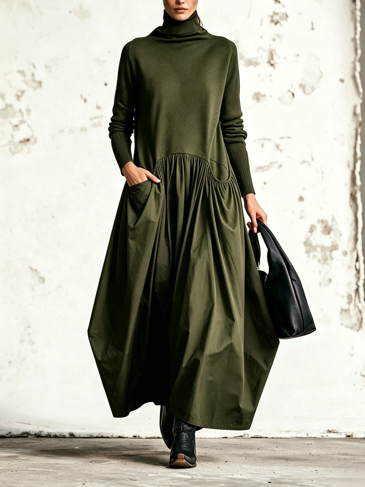 Robe longue femme oversize à col haut et poches