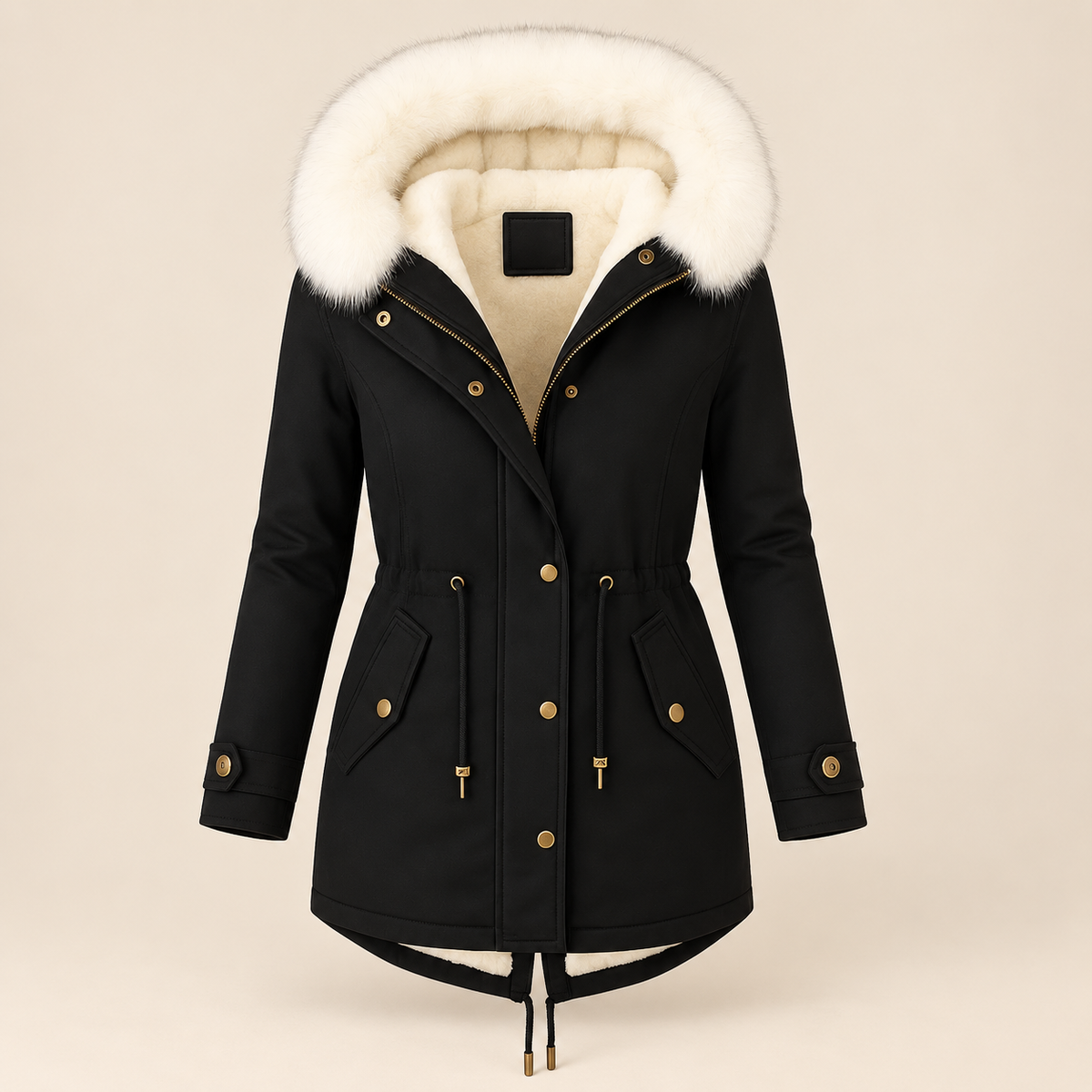 Parka longue femme à capuche fourrée et taille ajustable