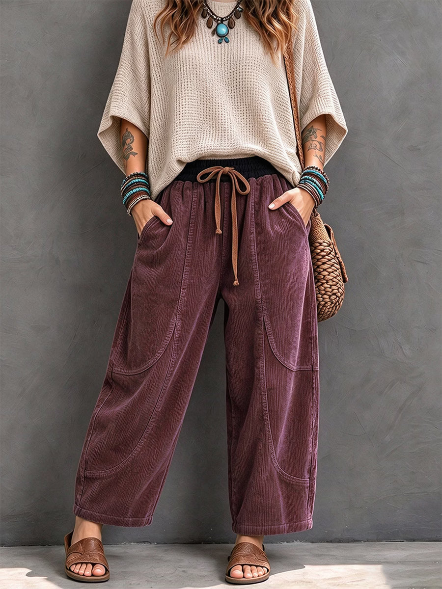 Pantalon harem femme en velours côtelé à taille élastique