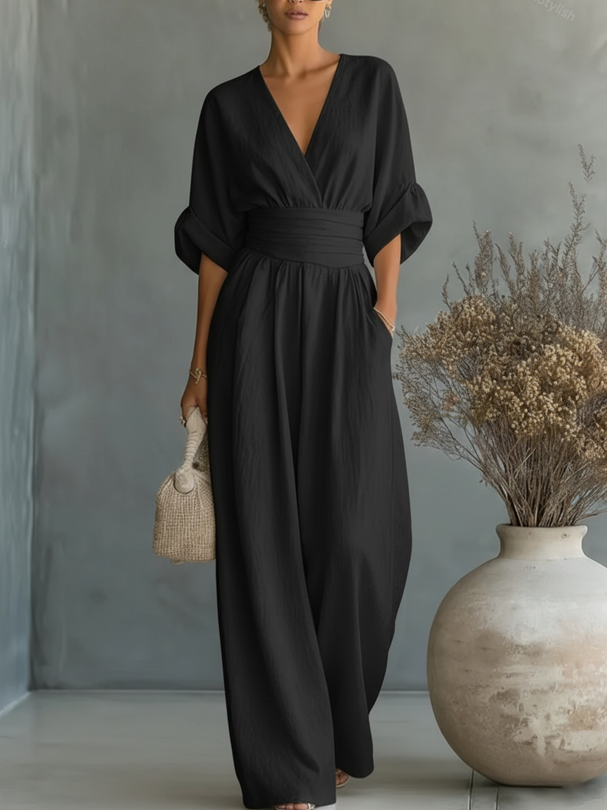 Combinaison Femme Fluide Col V Taille Marquée Élégante