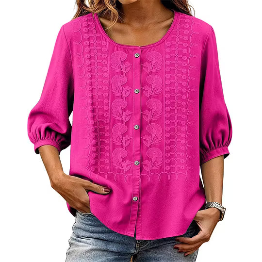 Blouse femme en coton et lin brodée à manches 3/4