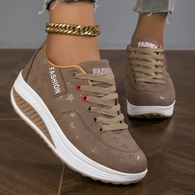 Baskets Femme Semelle Compensée Cuir Synthétique Lacets Minimalistes