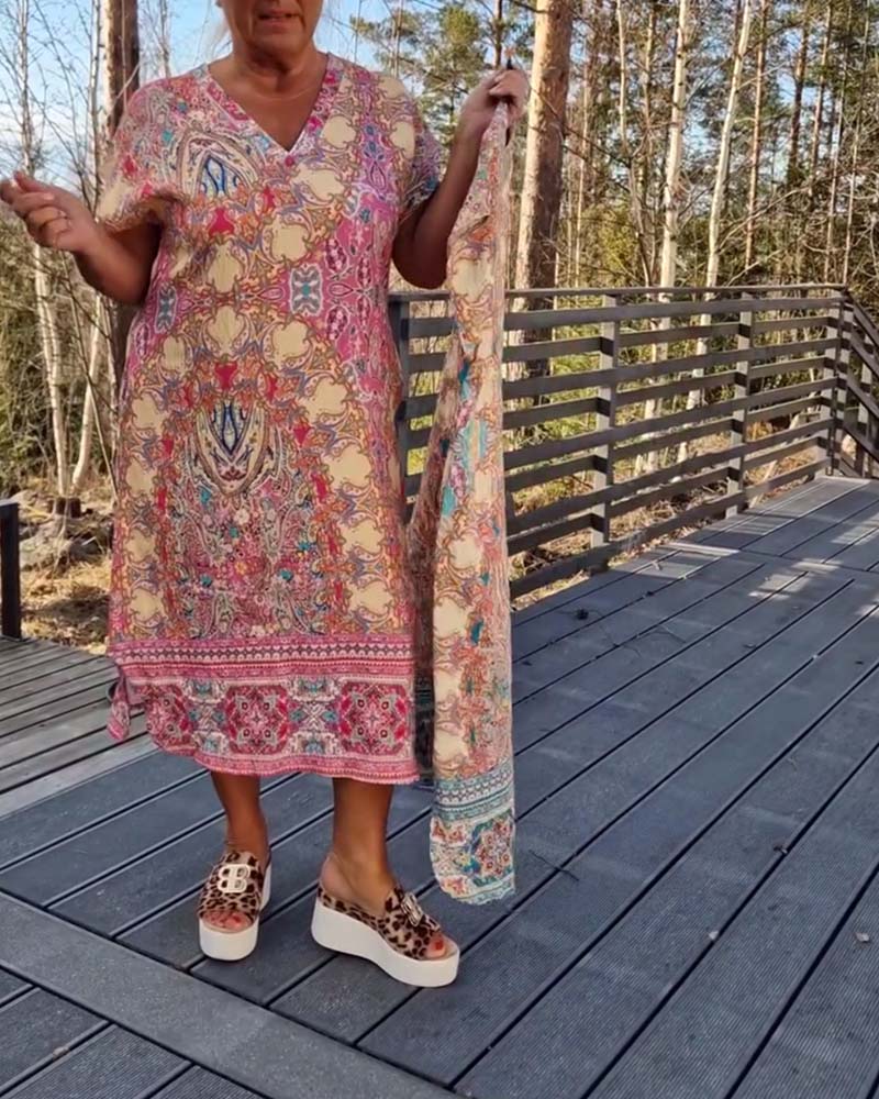Robe Femme Midi Imprimée Col V Coupe Droite Confort Été