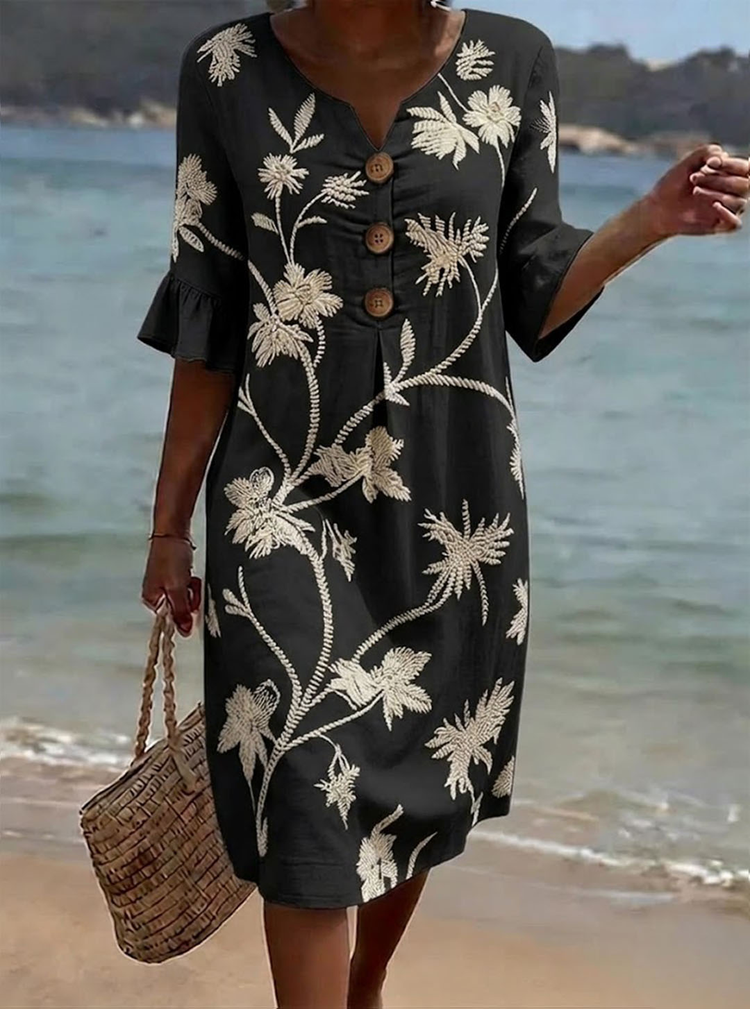 Robe femme en coton à imprimé floral et boutons
