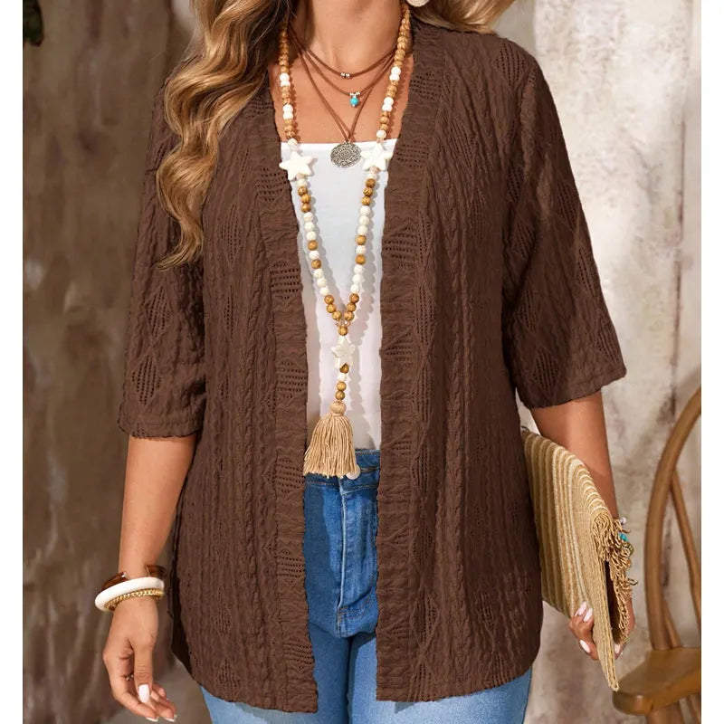 Cardigan femme ajouré ouvert à manches 3/4
