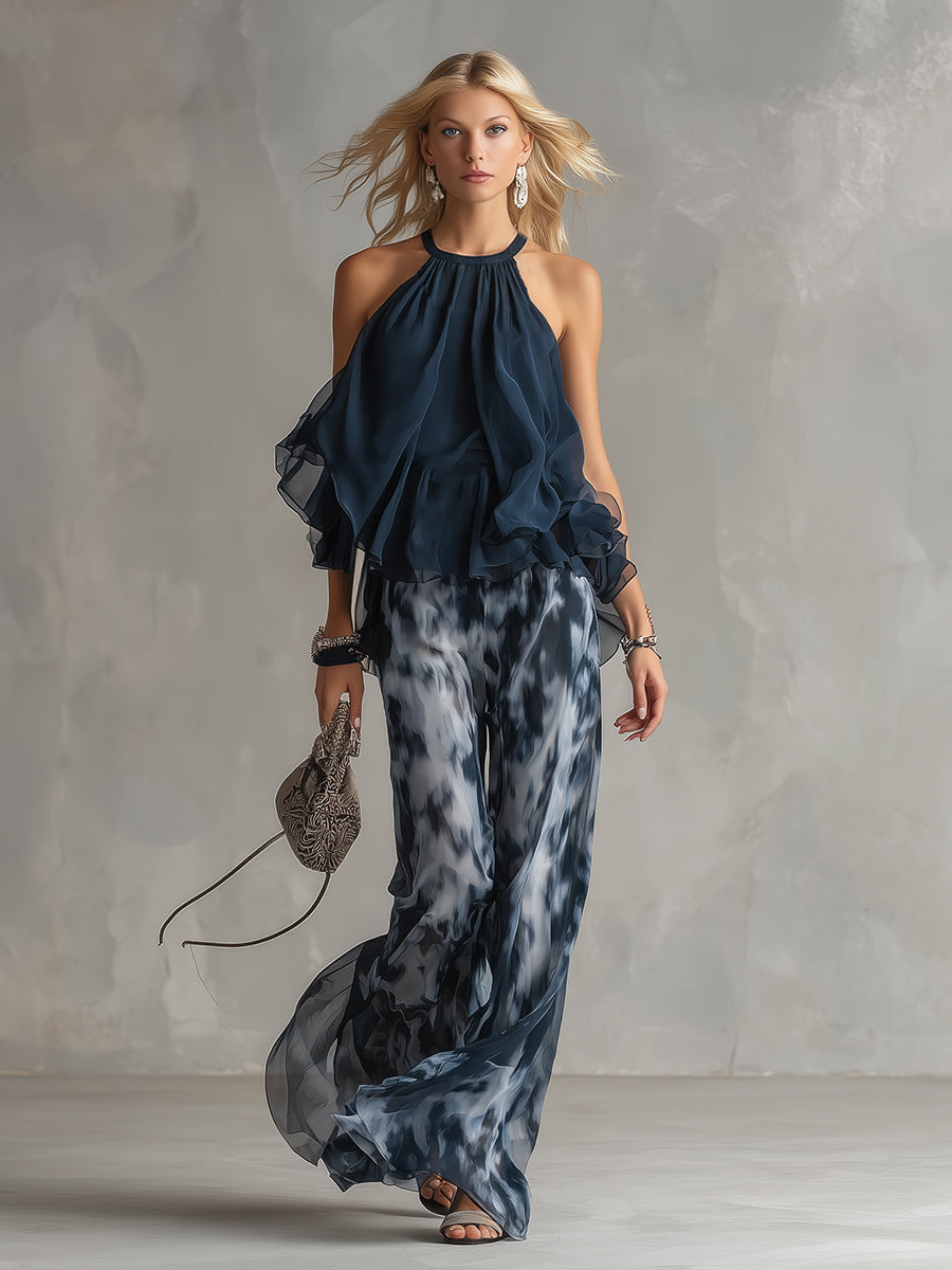 Ensemble Deux Pièces Femme Top Halter Volants Pantalon Large Chiffon Élégant