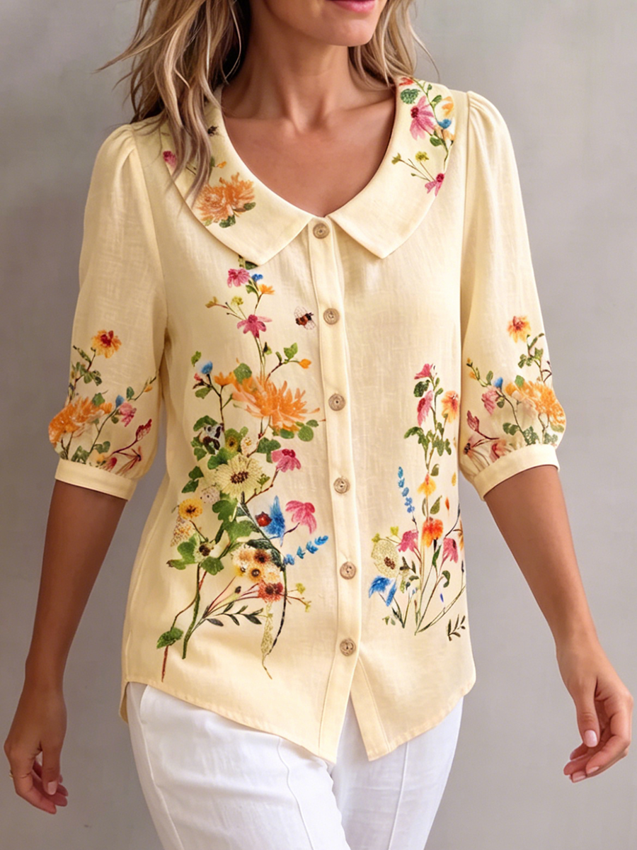 Blouse Femme Fleurie Coton Lin Style Vintage Élégant