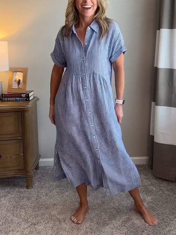 Robe chemise femme longue rayée à boutons avec poches – style décontracté élégant