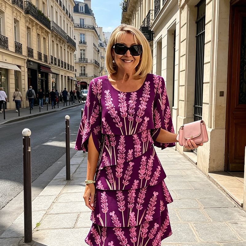 Robe Mi-Longue Femme Imprimé Lavande Volants Superposés Manches Fendues