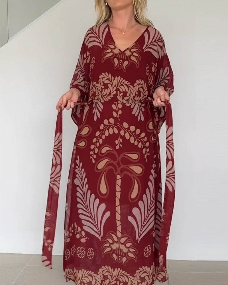 Robe Maxi Bohème Femme Col V Imprimé Feuilles Élégant