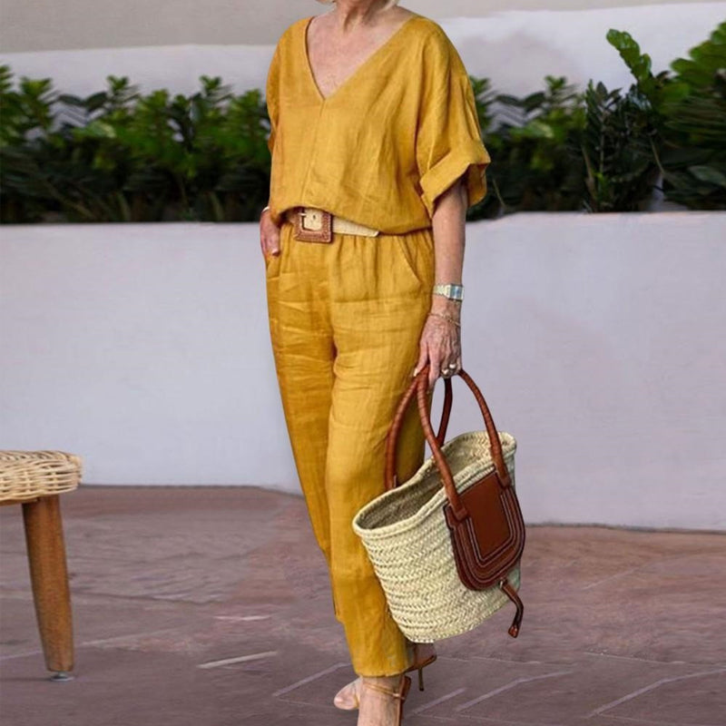 Ensemble Femme Col V Pantalon Ample Style Décontracté