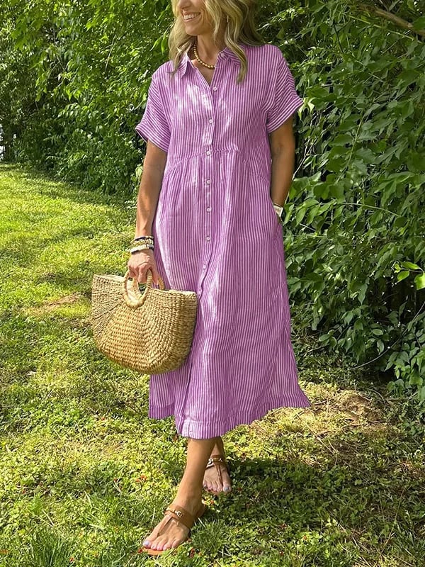 Robe Chemise Rayée Longue Coupe Fluide Avec Boutonnage Confort Quotidien