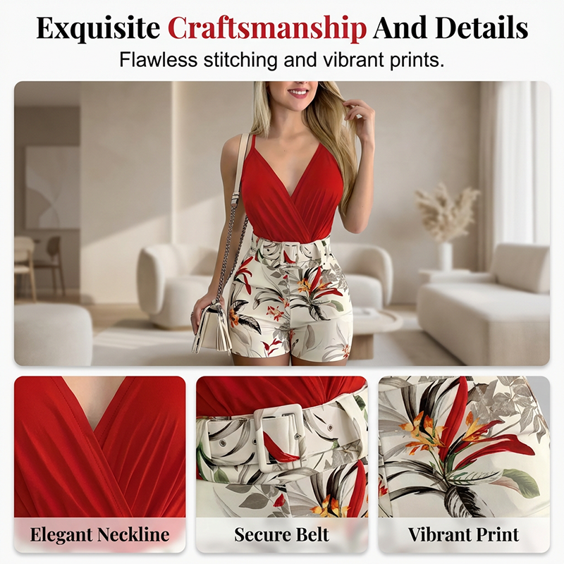 Ensemble Tropical Élégant avec Short Taille Haute et Décolleté en V