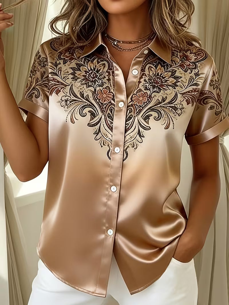 Blouse femme satinée à imprimé floral et col chemise élégant
