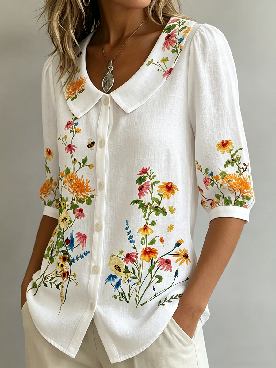 Blouse Femme Fleurie Coton Lin Style Vintage Élégant