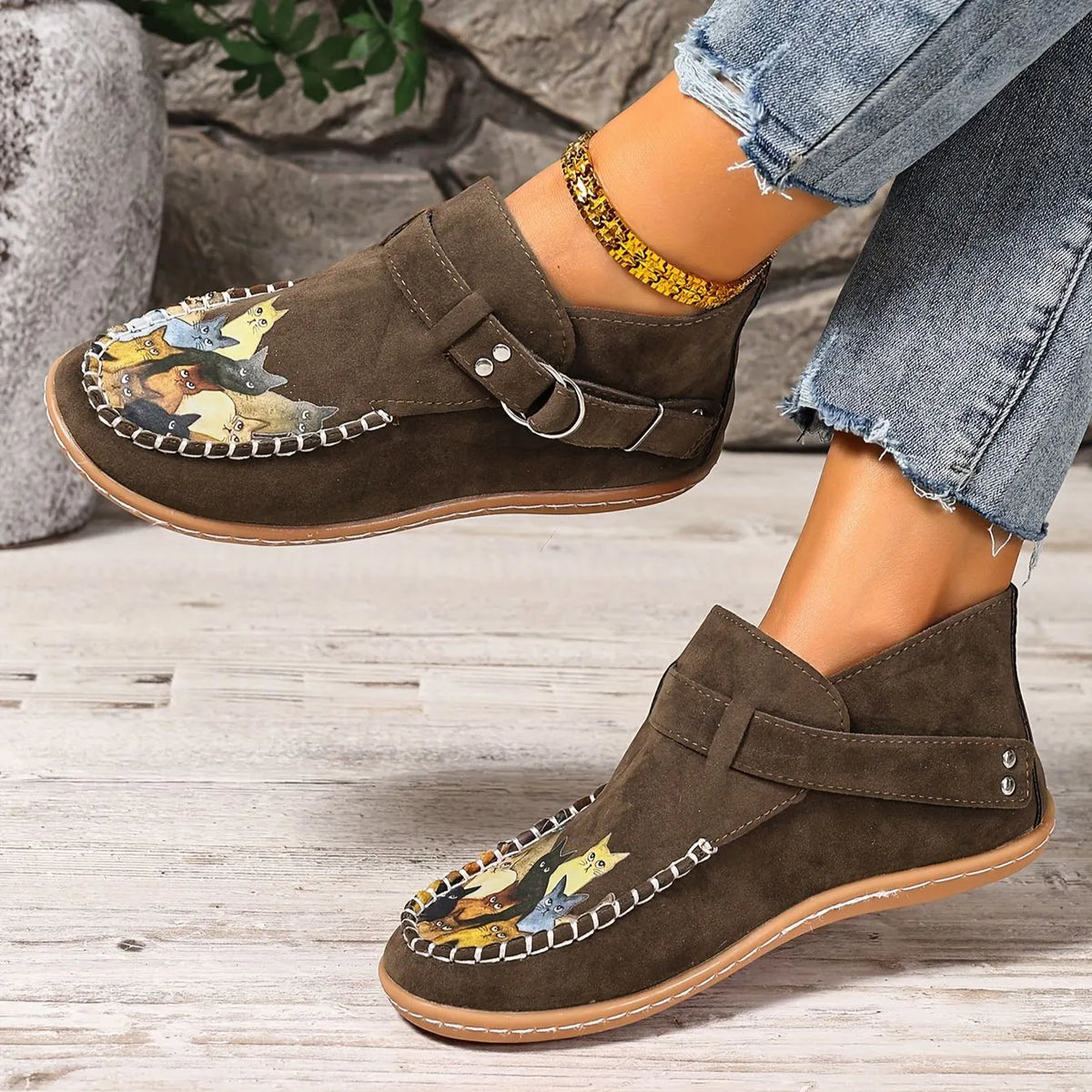 Mocassins femme imprimé chat à enfiler