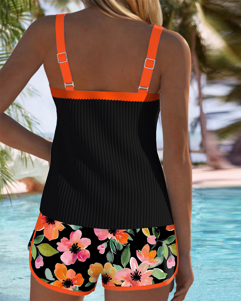 Tankini Deux Pièces Femme Top Côtelé Short Floral Liseré Orange Contrasté