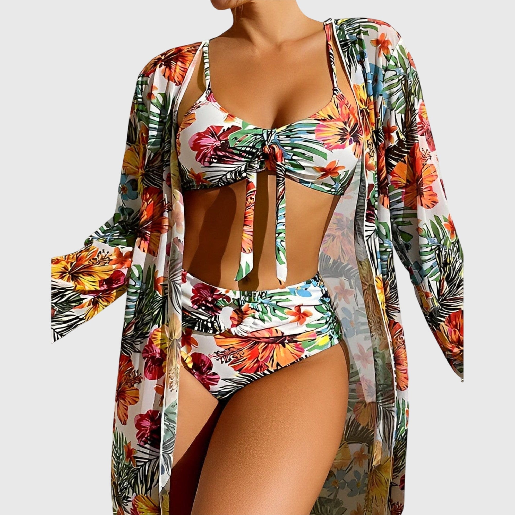 Bikini Trois Pièces Femme Imprimé Tropical Top Noué Kimono Assorti