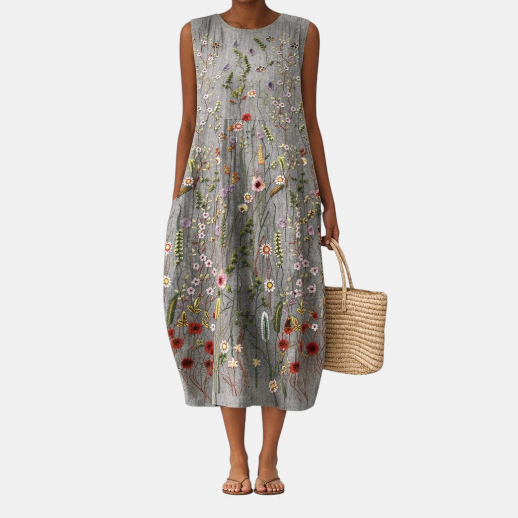 Robe midi femme fleurie sans manches à coupe fluide